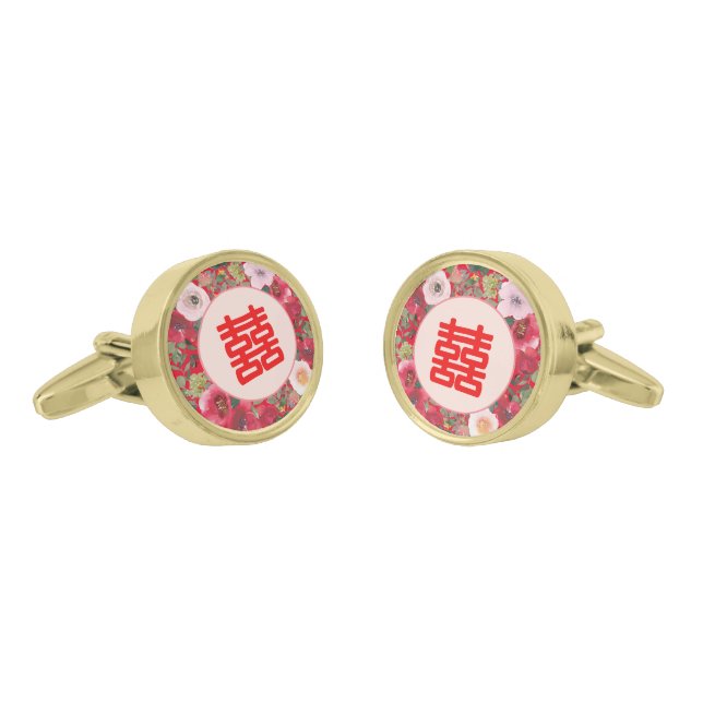 Red circle floral wreath modern Chinese wedding Cufflinks (Angled)