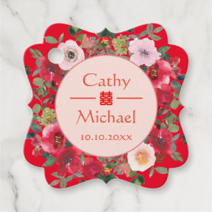 Red circle floral wreath modern Chinese wedding Favor Tags