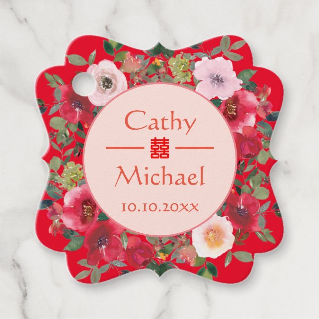 Red circle floral wreath modern Chinese wedding Favor Tags (Front)