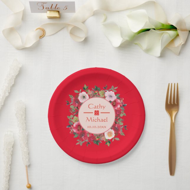 Red circle floral wreath modern Chinese wedding Paper Plates (Wedding)