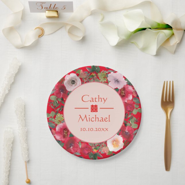 Red circle floral wreath modern Chinese wedding Paper Plates (Wedding)