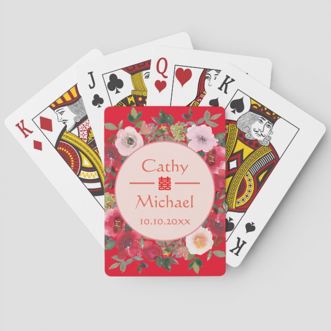 Red circle floral wreath modern Chinese wedding Poker Cards (Back)