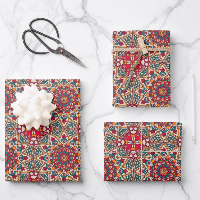 Red Circle Mandala  Wrapping Paper Sheets (Front)