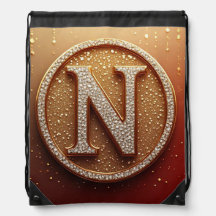 Red Circle Monogram N Gold Glitter Initial Letter 