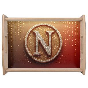 Red Circle Monogram N Gold Glitter Initial Letter Serving Tray
