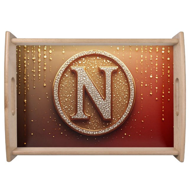 Red Circle Monogram N Gold Glitter Initial Letter  Serving Tray (Front)