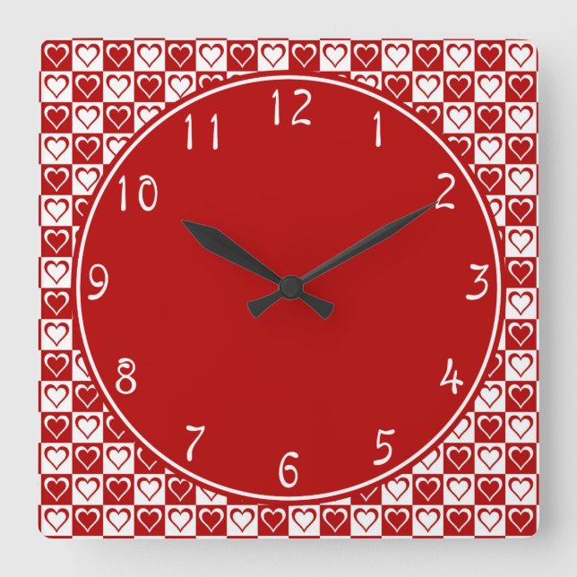 Red Circle with Checkerboard Heart patterns Square Wall Clock (Front)