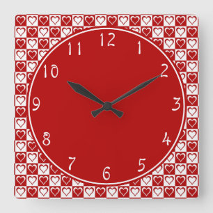 Red Circle with Checkerboard Heart patterns Square Wall Clock