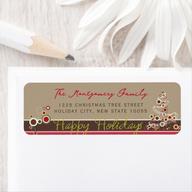 Red Circles Modern Christmas Tree Holiday Address Label (Insitu)