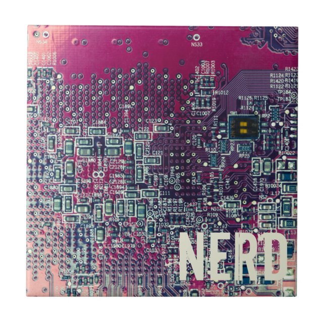 Red circuit board nerd retro design ceramic tile (Front)