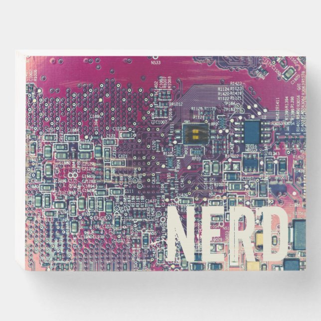Red circuit board nerd retro design wooden box sign (Front Horizontal)