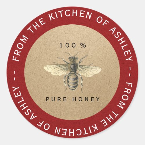Red Circular 100Homemade Honey Kitchen Kraft Bee Classic Round Sticker