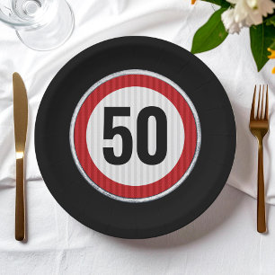 Red circular road sign with custom age birthday paper plates