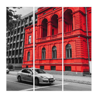 Red City Building Minimalist Photography Canvas Triptych