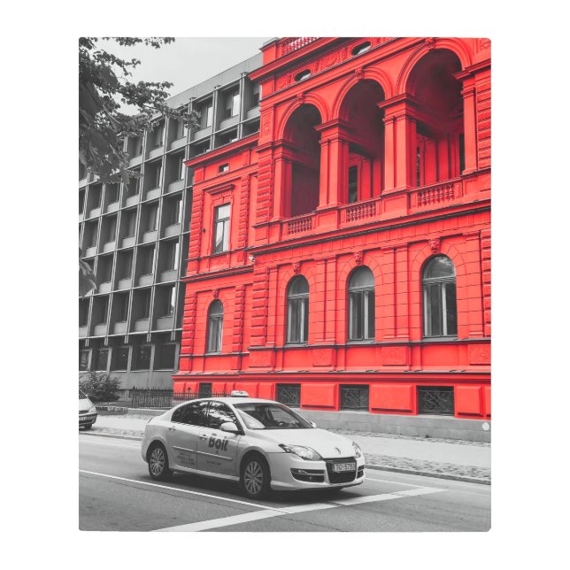 Red City Building Minimalist Photography Metal Print (Front)