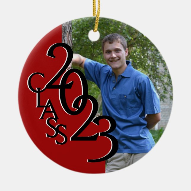 Red Class 2023 Graduation Photo Ceramic Ornament (Front)