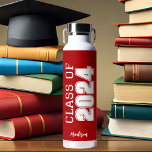 Red Class of 2024 Personalized Graduation Water Bottle<br><div class="desc">This classic red custom senior graduate water bottle features bold white typography reading class of 2024 in varsity letters for a high school or college graduation party keepsake gift. Customize with your name in elegant cursive script underneath for a great commemorative favor.</div>