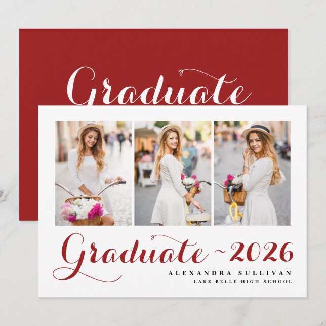  Red Class of 2025 Photo Collage Graduation Invitation (Front/Back)