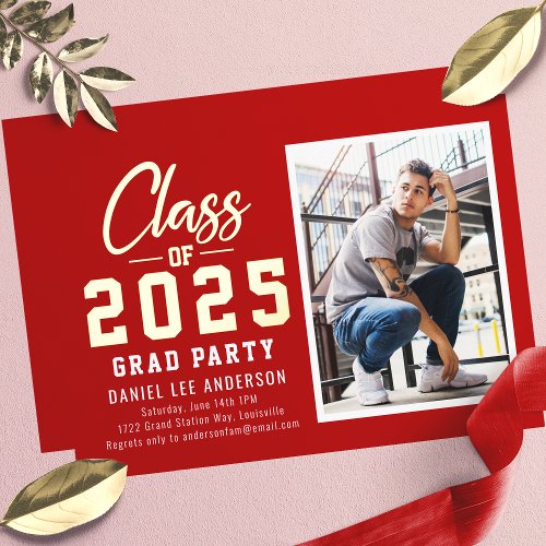 Red Class Of 2025 Photo Graduation Party Foil Invitation