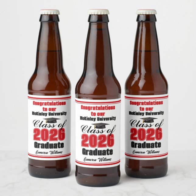 Red Class of 2026 Graduation Party Custom Beer Bottle Label (Bottles)