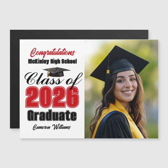 Red Class of 2026 Graduation Photo Magnet Card (Front/Back)