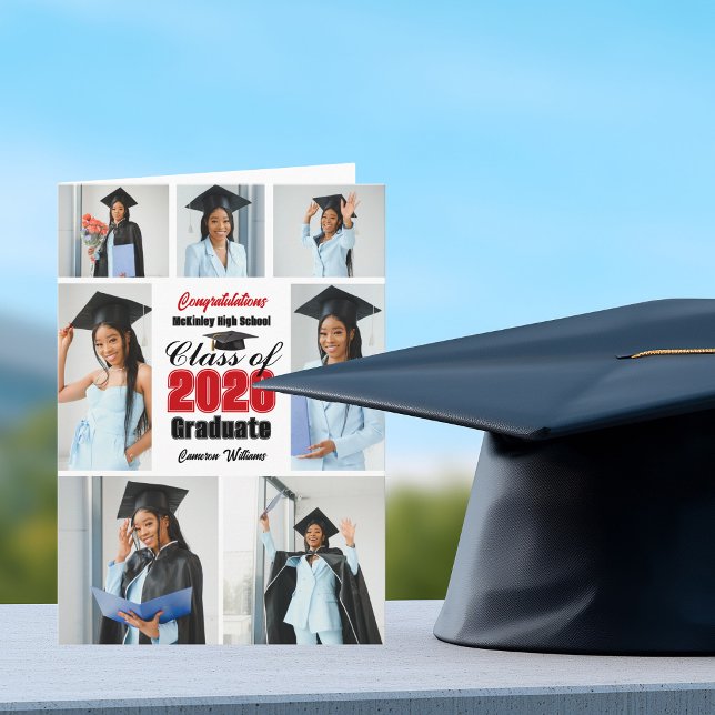 Red Class of 2026 Photo Collage Folded Graduation Announcement (Creator Uploaded)