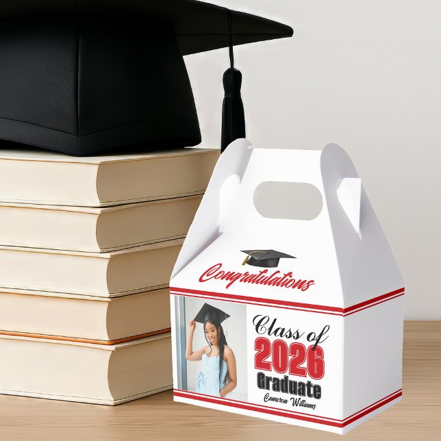 Red Class of 2026 Photo Graduation Party Favor Boxes (Creator Uploaded)