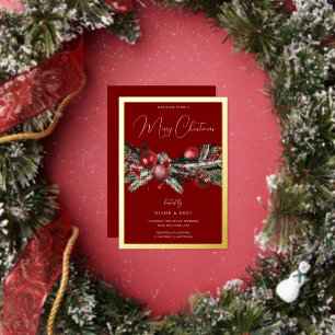 Red Classic Christmas Party Gold Border Foil Invitation