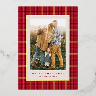 Red Classic Christmas Plaid Three Photo Foil Holiday Card
