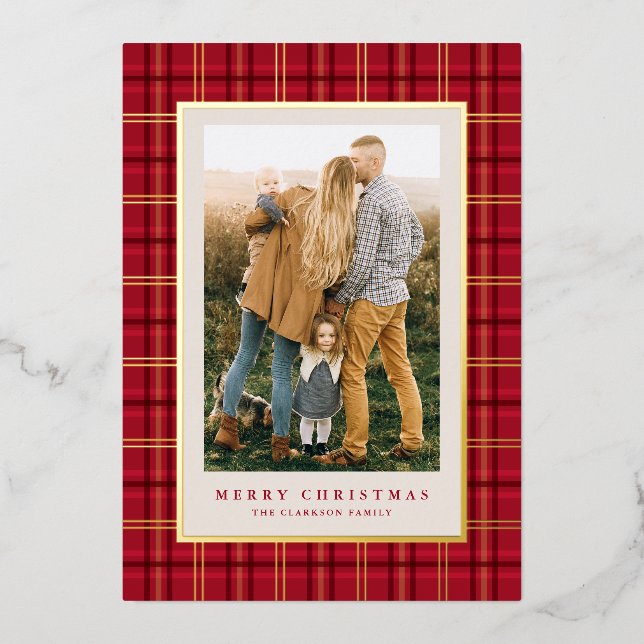 Red Classic Christmas Plaid Three Photo Foil Holiday Card (Front)