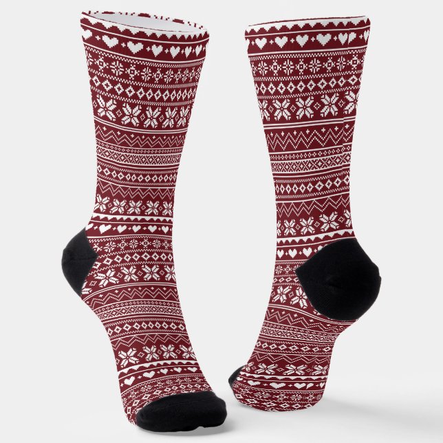 Red Classic Christmas Sweater Pattern Socks (Angled)