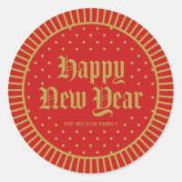 Red Classic Decorative Geometric Happy New Year Classic Round Sticker