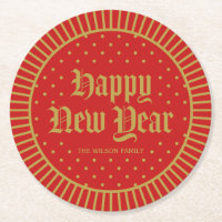 Red Classic Decorative Geometric Happy New Year Round Paper Coaster