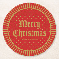 Red Classic Decorative Geometric Merry Christmas Round Paper Coaster