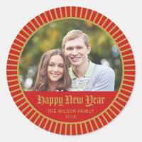 Red Classic Decorative Happy New Year Photo Classic Round Sticker