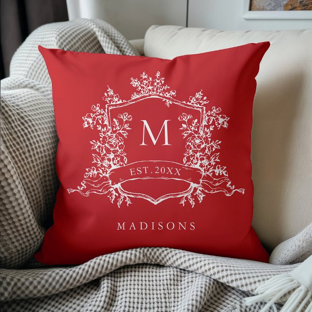 Red Classic Floral Crest Monogram Holiday Throw Pillow (Creator Uploaded)