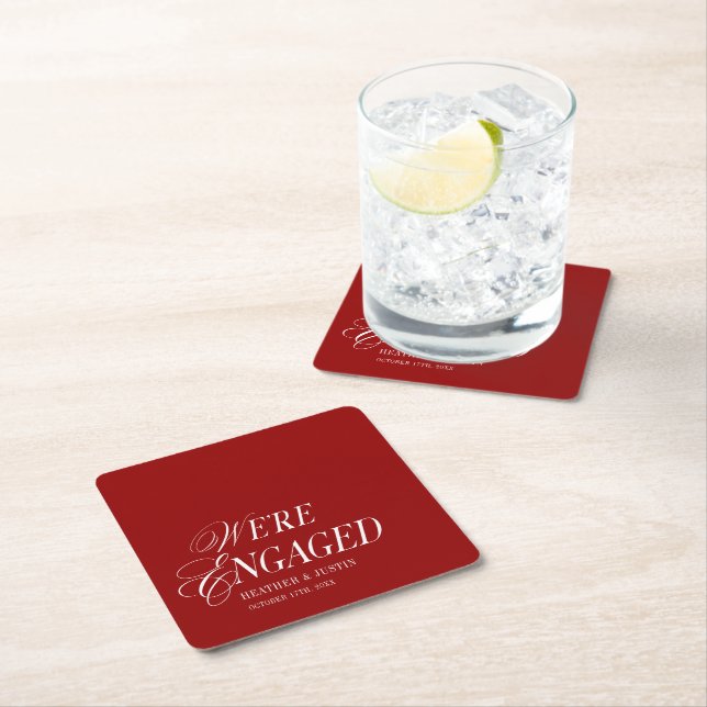 Red  Classic Formal Elegant We're Engaged Square Paper Coaster (Insitu)
