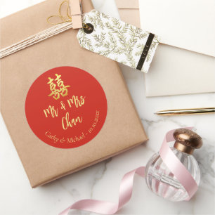 Red classic Mr & Mrs Chinese wedding double xi Round Sticker