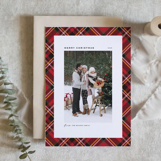 Red Classic Plaid Pattern Photo Merry Christmas Holiday Card (Classic Red Plaid Pattern Photo Merry Christmas Holiday Card)
