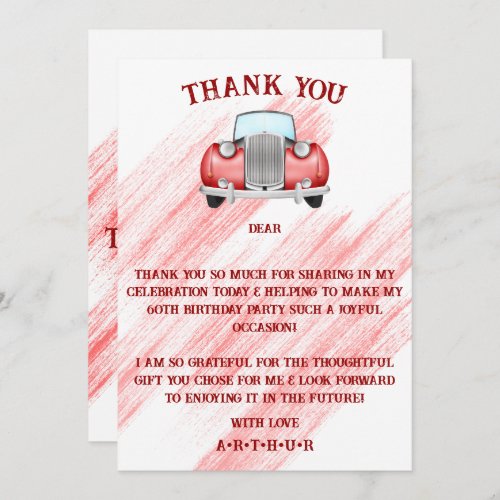 Red Classic Retro Car Vintage Watercolour Thank You Card