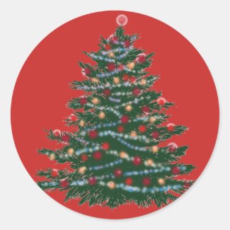 Red Classic Round Sticker, Glossy Holiday Tree