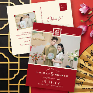 Red Classic Square Double Happiness Chinese Photo Announcement Postcard