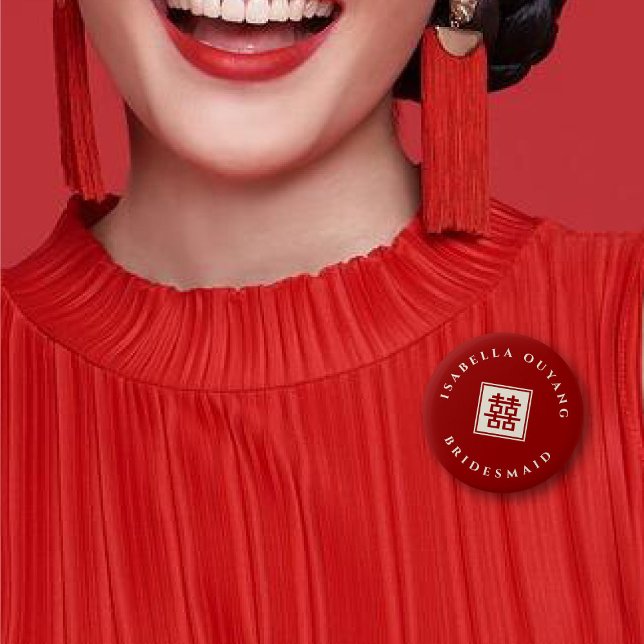 Red Classic Square Double Xi Chinese Wedding Party Pinback Button (BRIDESMAID Red Classic Square Double Happiness Chinese Wedding Party Pin Button @ fatfatin_red_knot)