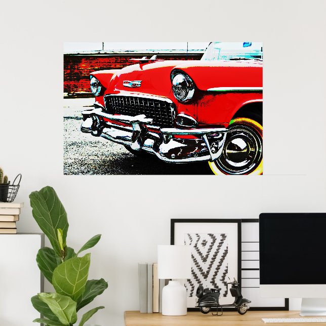 Red Classic Vintage Old Car Art Poster (Home Office)