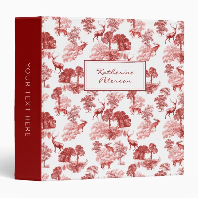 Red Classical French Country Toile Deer   3 Ring Binder (Front/Spine)