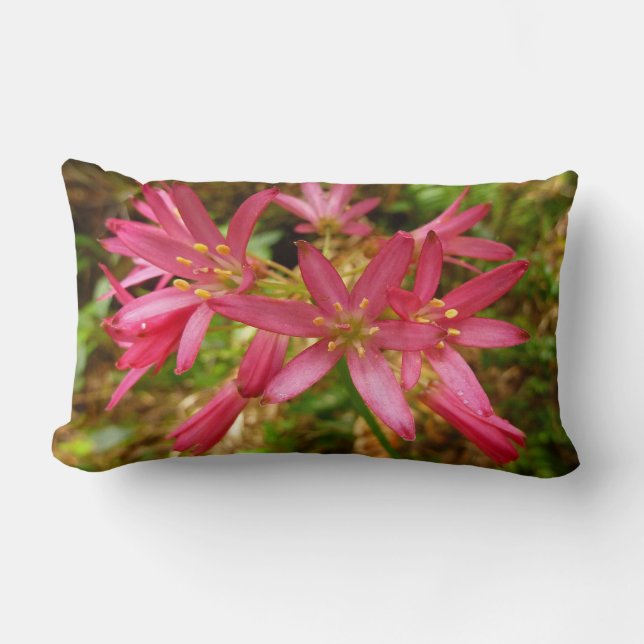 Red Clintonia Flowers at Redwoods Lumbar Pillow (Front)