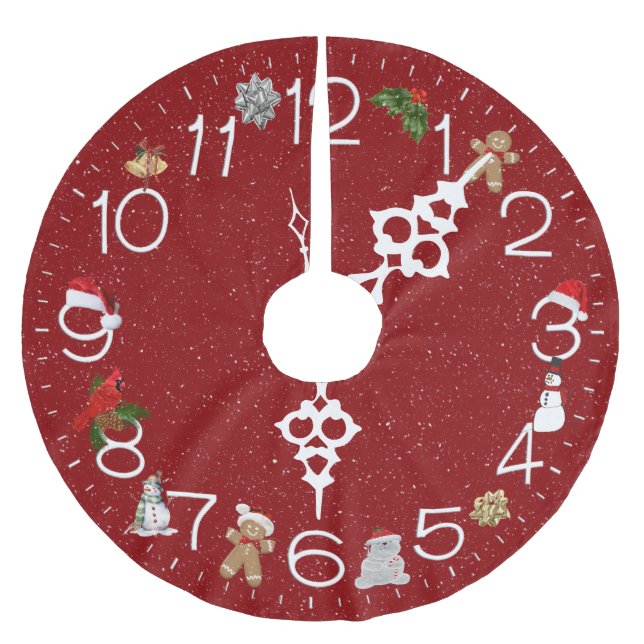 Red Clock Face With Christmas Elements Brushed Polyester Tree Skirt (Front)