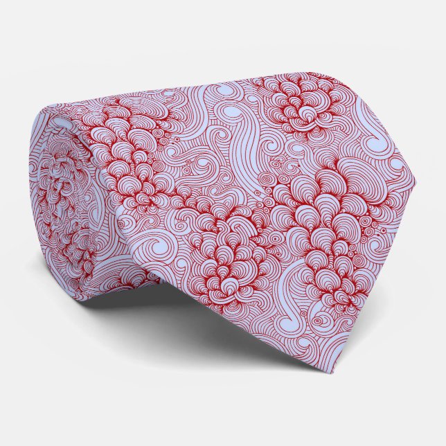 Red Coastal Waves Abstract Pattern Neck Tie (Rolled)