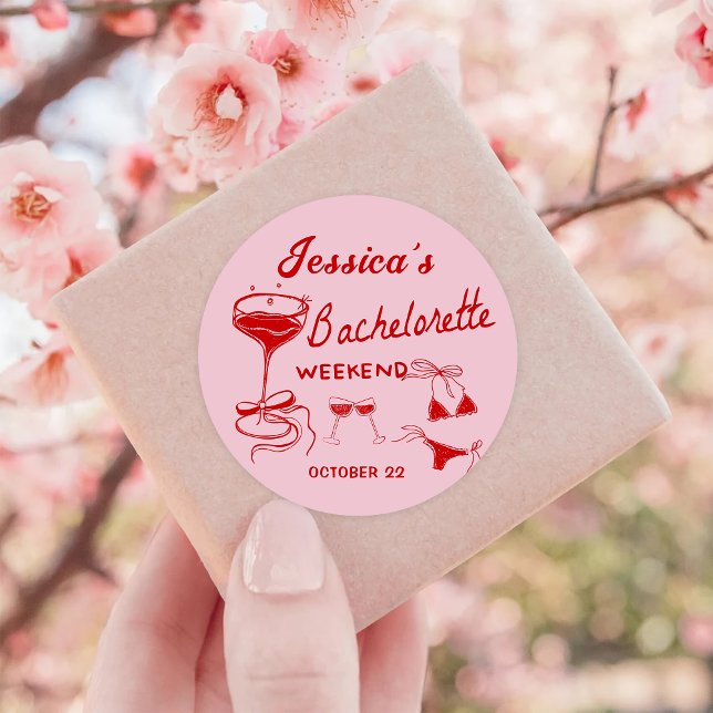 Red Cocktail Bachelorette Beach Weekend Bikini Classic Round Sticker (Creator Uploaded)