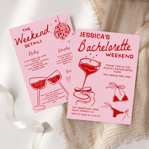 Red Cocktail Bachelorette Weekend Itinerary Party Invitation